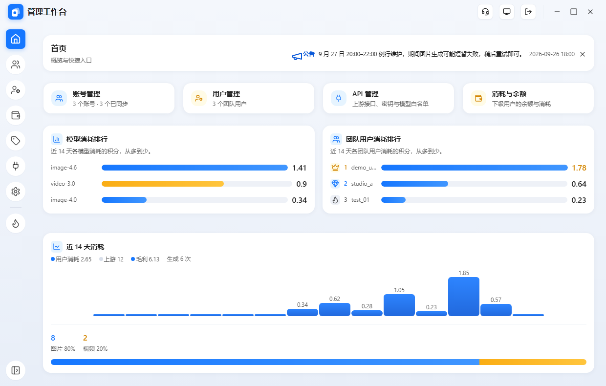 首页：公告条 + 四个快捷入口 + 消耗排行 + 近 14 天消耗